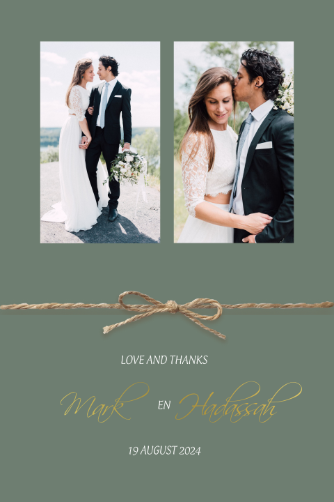 Bedankkaartjes bruiloft met goudfolie en touwtje