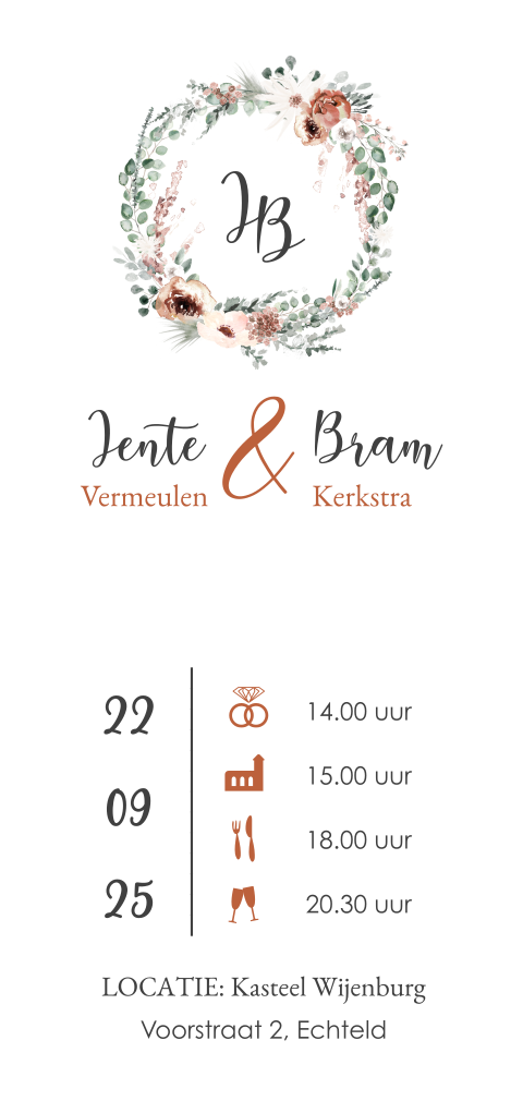 Bohemian trouwkaart met bloemenkrans