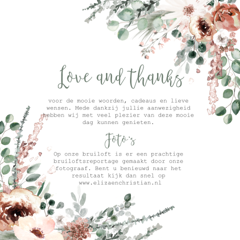 Bedankkaart bij thema Boho Chic met veel bloemen