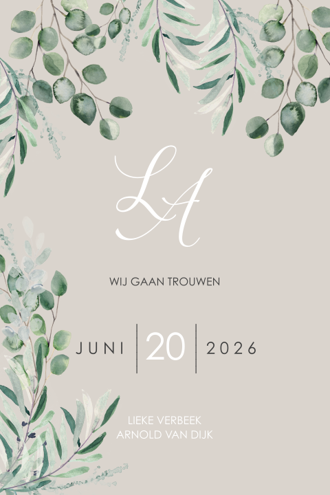 Botanische trouwuitnodiging met logo op karton