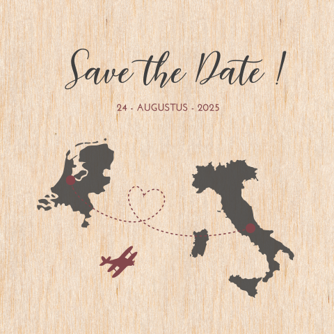 Houten Save the Date voor bruiloft in Italie