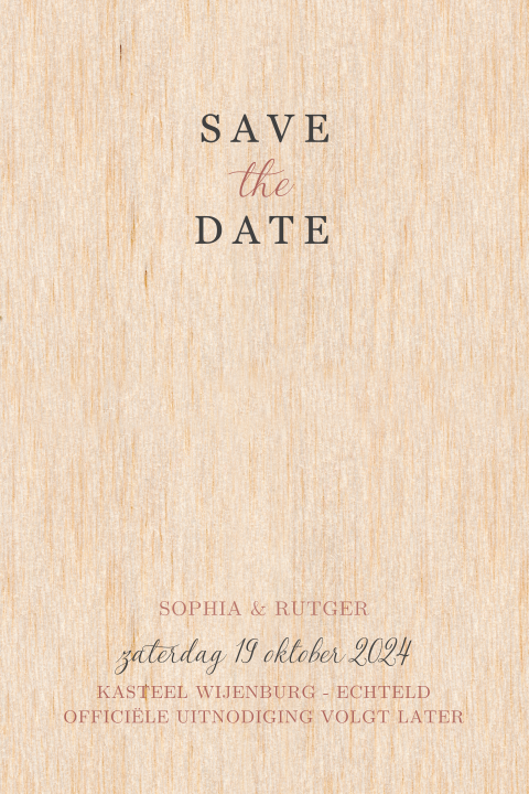 Chique Save the Date kaart hout met touwtje