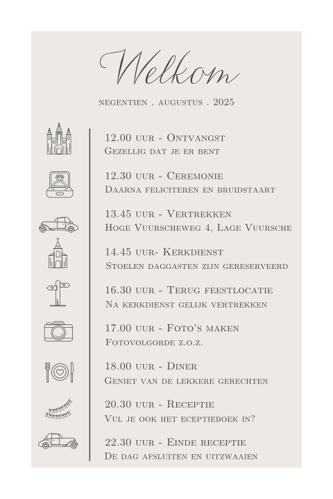 Dagprogramma in stijl van trouwkaart