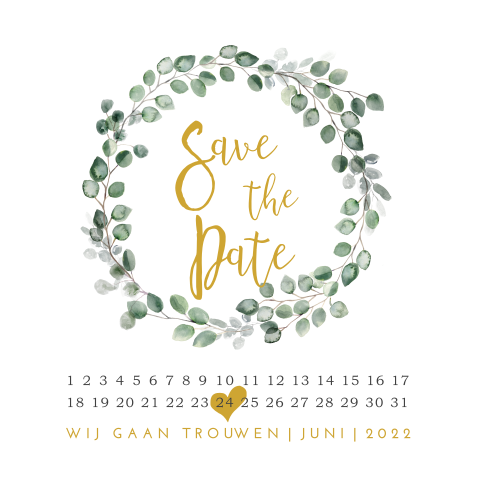 Save the Date met krans van eucalyptus en kalender