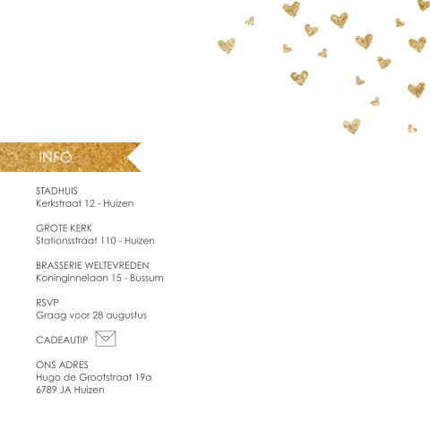 Trendy trouwkaart met confetti in goud kleur