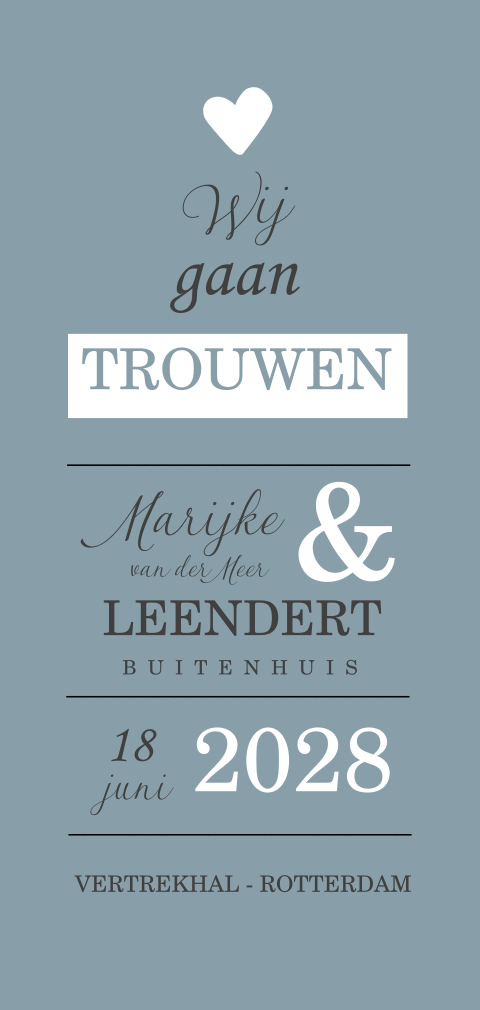 Trendy trouwkaart met hartje en leuke lettertypes
