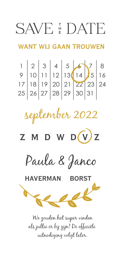 Stijlvolle Save The Date Kaart Met Kalender En Mooi Takje