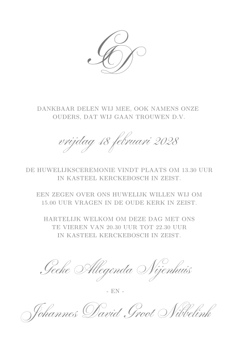 Klassieke trouwkaart met trouwlocatie Kasteel Kerckebosch