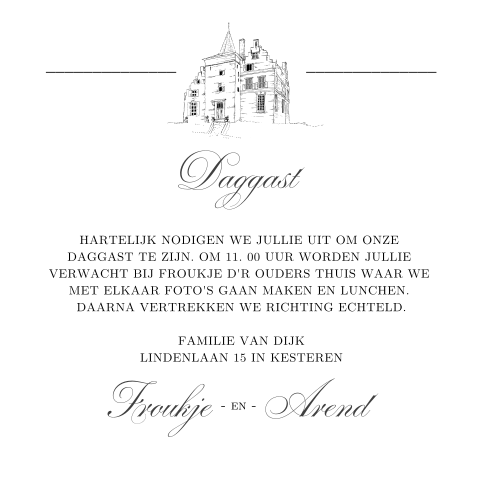 Extra kaartje passend bij trouwkaart Kasteel Wijenburg