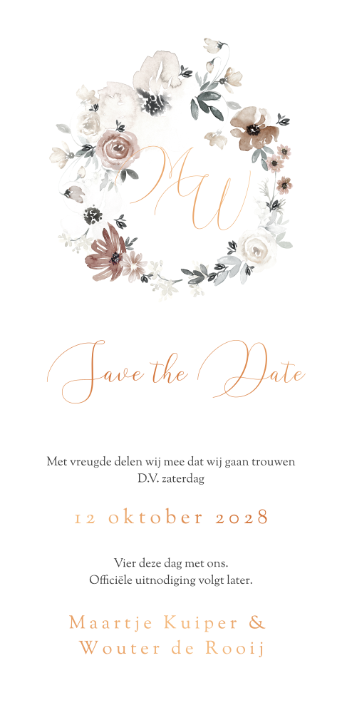 Klassieke Save the Date met bloemen en koperfolie
