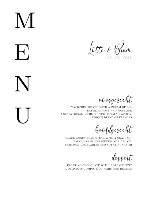 Minimalistische menukaart in zwart wit