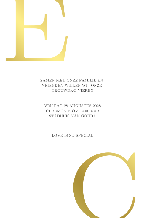Moderne trouwkaart met jullie initialen in goudfolie