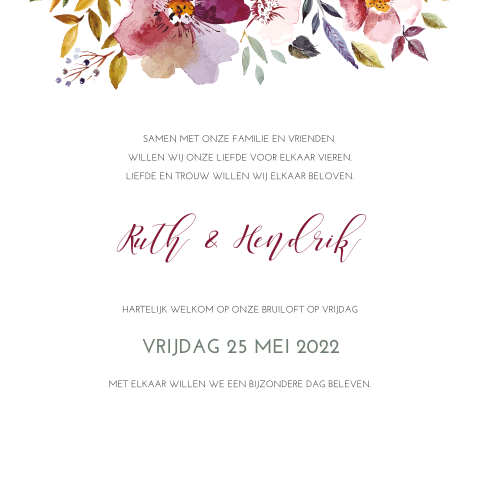 Romantische trouwkaart met paarse bloemetjes