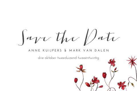 Save the Date met rode bloemen voor herfst bruiloft