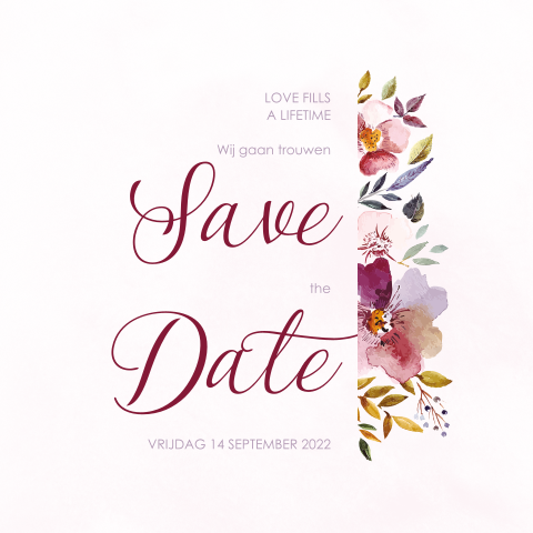 Romantische Save the Date met bloemen in paars tinten