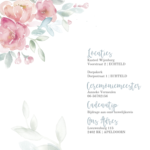 Romantische trouwkaart met geverfde bloemen