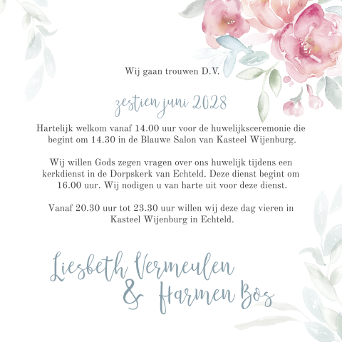 Romantische trouwkaart met geverfde bloemen