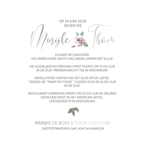 Romantische trouwkaart met bloemen, vogeltjes en zilverfolie