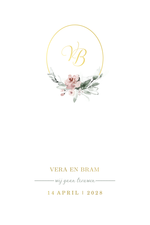 Romantische trouwkaart met initialen, goudfolie en bloemetjes