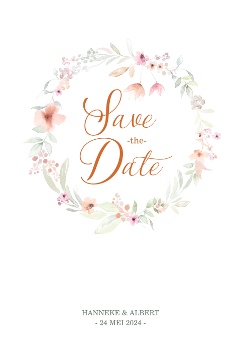 Save the Date kaart met bloemenkrans op karton