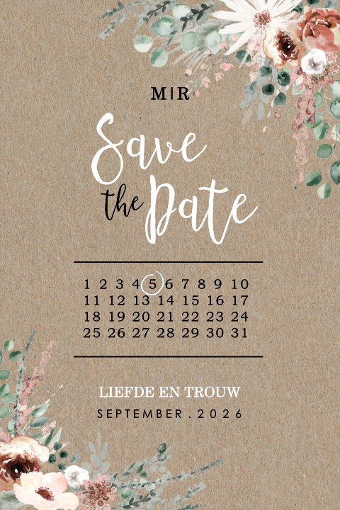 Save the Date kaart op kraft met bloemen en kalender