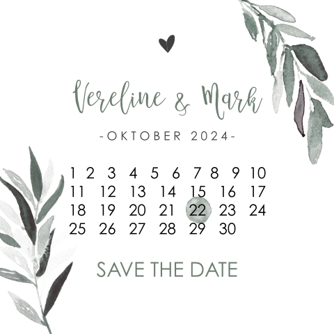 Save the Date kaartje met kalender en takjes