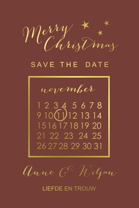 Save the Date kerstkaart met goudfolie en kalender