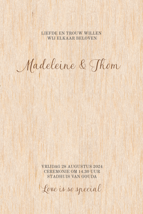 Stijlvolle houten trouwkaart met lintje (optioneel)