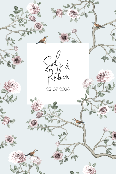 unieke trouwkaart met takjes, bloemetjes en vogeltjes