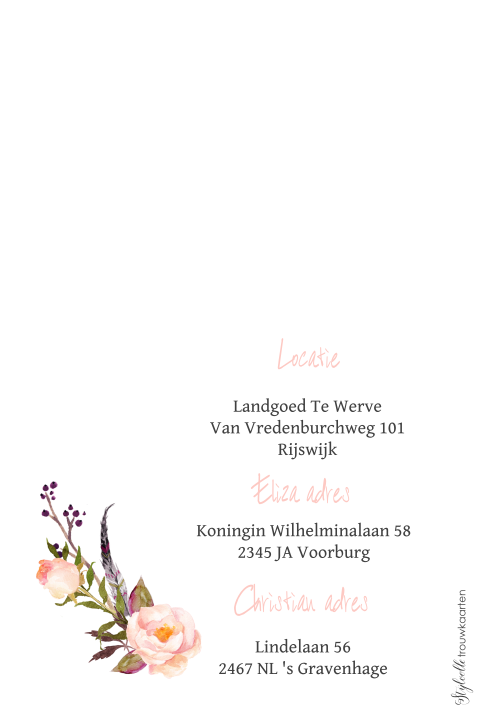 Bohemian trouwkaart met kader van rozen, bladeren en veren