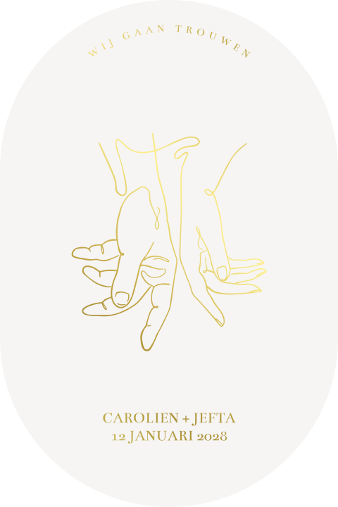 Trouwkaart met lijntekening van handen in goudfolie
