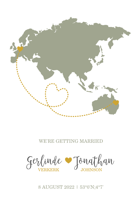 Stijlvolle trouwkaart met een deel van de wereldkaart
