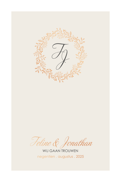 Klassieke trouwkaart met witte rand, kransje en koperfolie