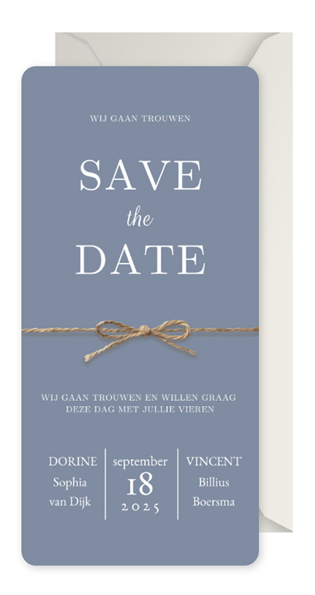 Save the Date met touwtje in kleur blauw