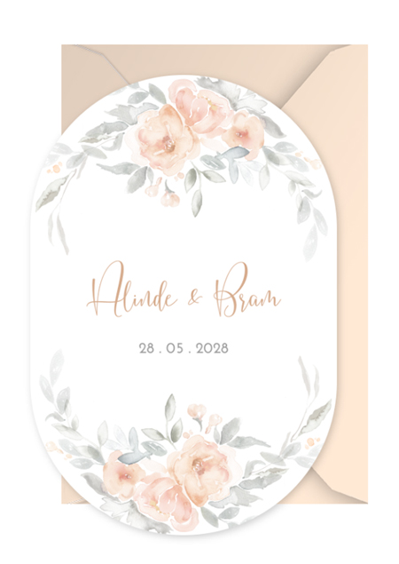 Ovale trouwkaart met bloemen in peach tinten