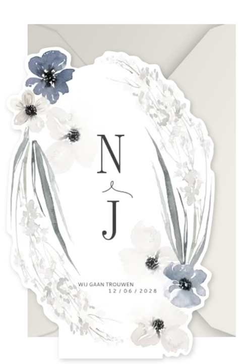 Originele trouwkaart met bloemen in taupe en blauw