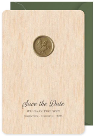 Klassieke Save the Date kaart van hout met lakzegel
