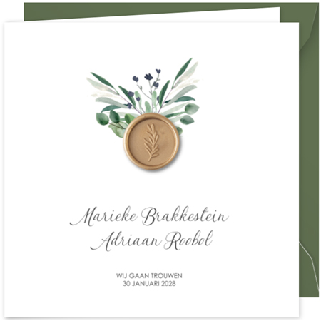 Botanische trouwkaart met eucalyptus en lakzegel