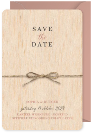 Chique Save the Date kaart hout met touwtje