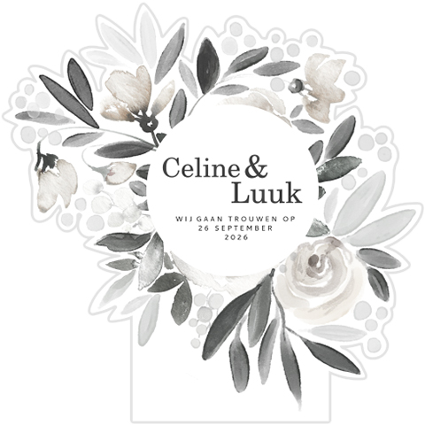 Unieke trouwkaart in originele vorm met bloemen