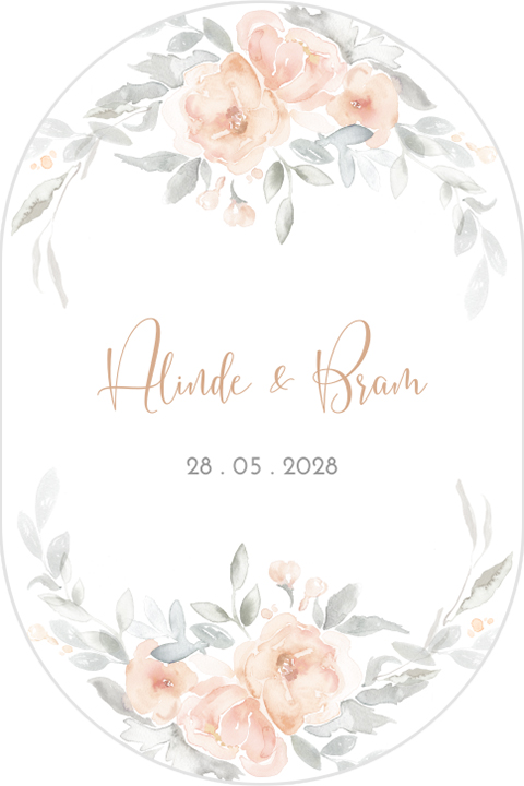 Ovale trouwkaart met bloemen in peach tinten
