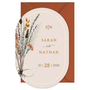 Ovale trouwkaart voor herfst bruiloft met bloemen