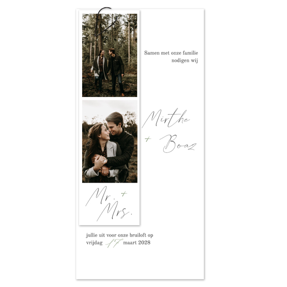 Moderne trouwkaart met paperclip en fotostrip