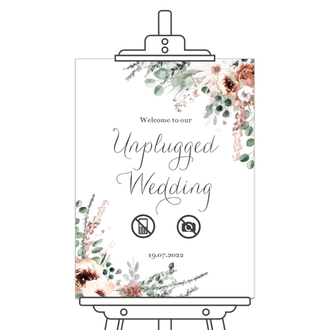 Welkomstbord voor unplugged wedding met bloemen