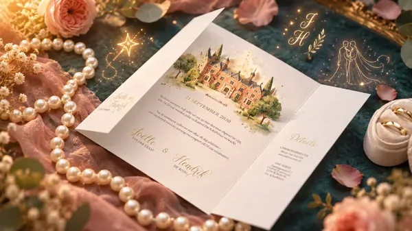 De trouwkaart met een kasteel dat uit het papier lijkt te komen, omringd door kleurrijke AI-accenten