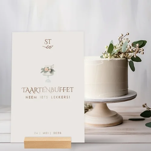 Bruiloft bordje in taupe met hoogglans voor tafel met taarten