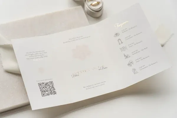 Binnenzijde van een vintage trouwkaart met icoontjes voor ieder moment van de dag